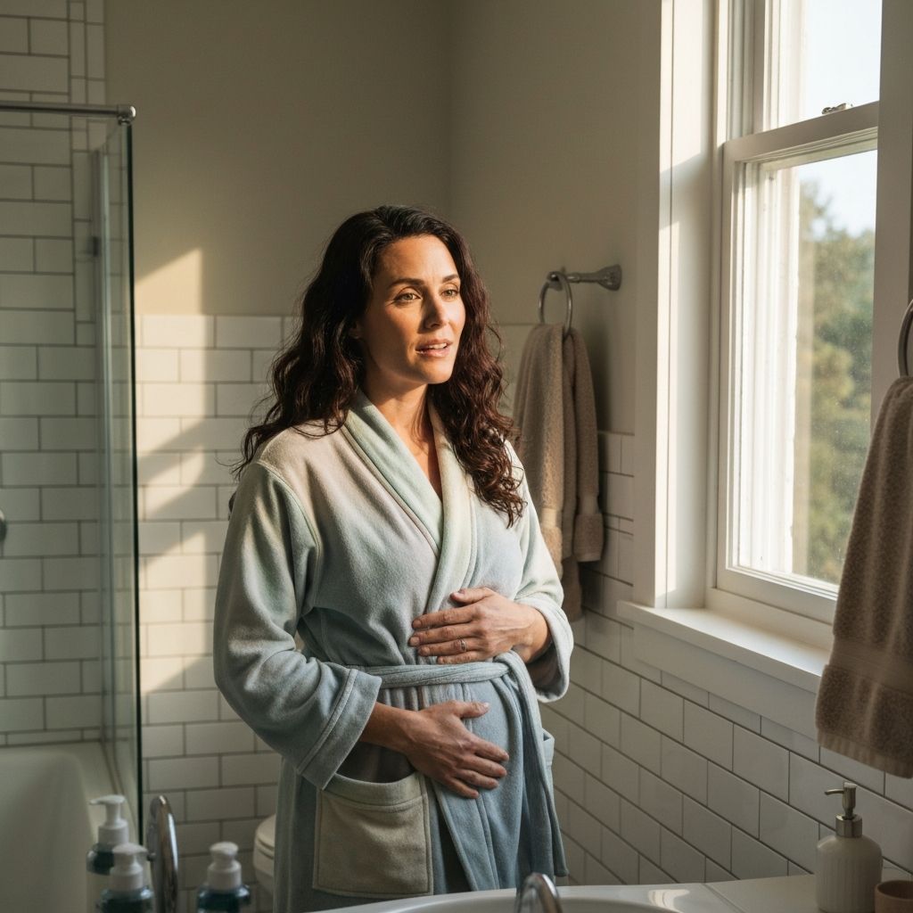 Mulher olhando no espelho preocupada com a barriga